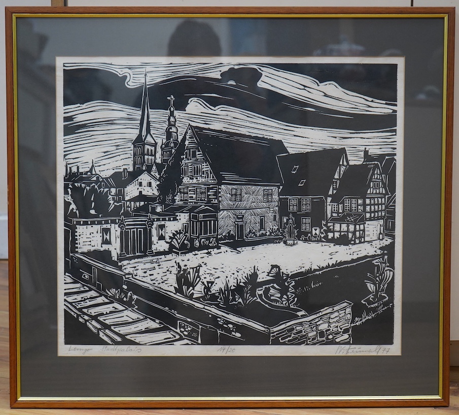 German School, woodblock print, Townscape, signed and dated '77, limited edition 14/20, 43 x 50cm. Condition - good